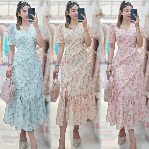 Summer Chiffon V-Neck Half Sleeves Side Slit Maxi Dress